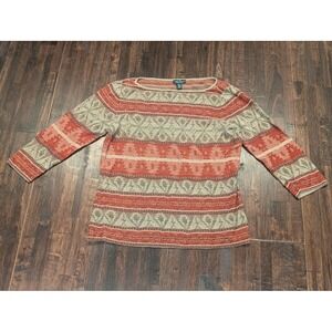 Vintage Lauren Ralph Lauren Linen Sweater Womens L Rust‎ Tan Southwest Knit 3/4